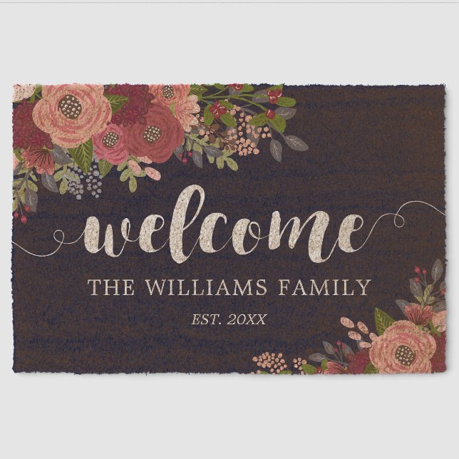 Blush & Burgundy Flowers Family Name Welcome Fiber Doormat (Front)