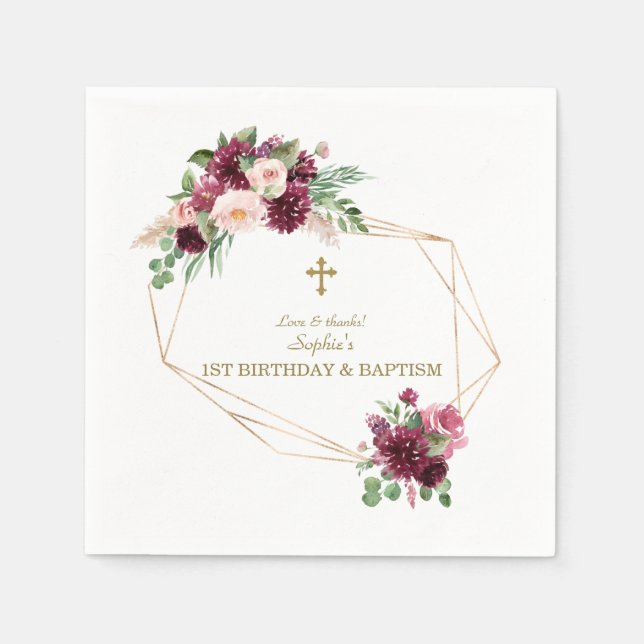 Blush Burgundy Flowers Gold 1st Birthday Baptism Napkins (Front)