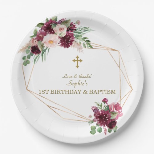 Blush Burgundy Flowers Gold 1st Birthday Baptism Paper Plates