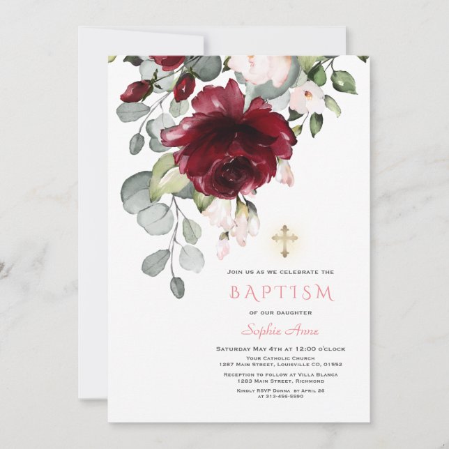 Blush Burgundy Flowers Gold Cross Girl Baptism Invitation (Front)