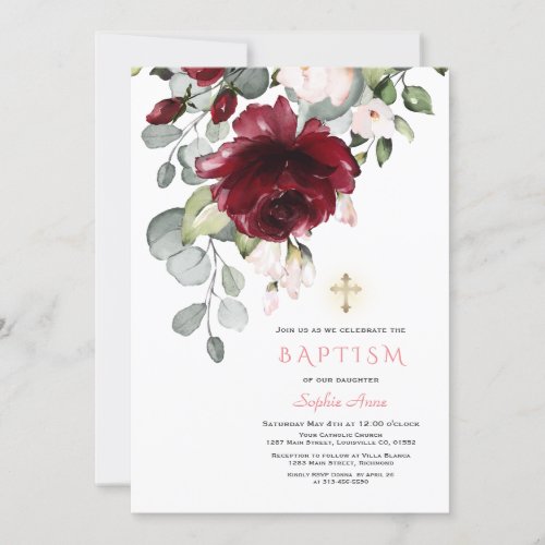 Blush Burgundy Flowers Gold Cross Girl Baptism Invitation