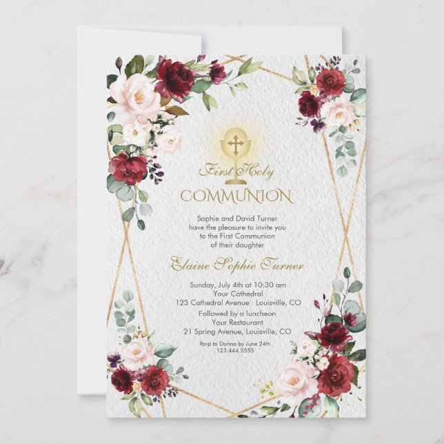 Blush Burgundy Flowers Gold First Holy Communion Invitation (Front)