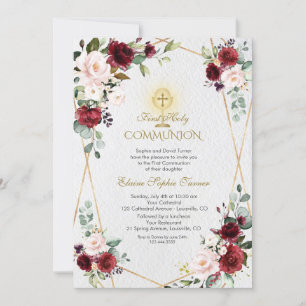 Blush Burgundy Flowers Gold First Holy Communion Invitation
