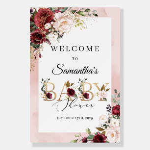 Blush burgundy flowers gold letters welcome foam board