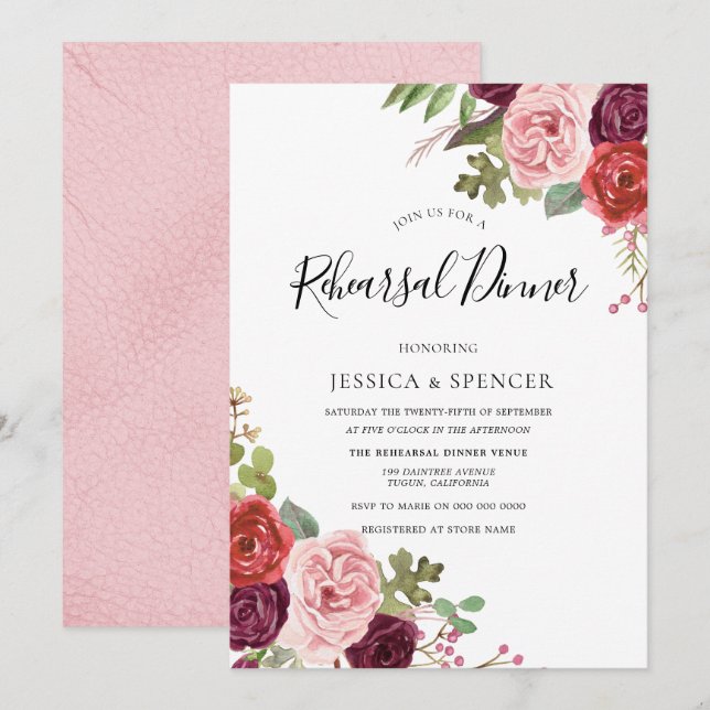 Blush Burgundy Flowers Rehearsal Dinner Invite (Front/Back)