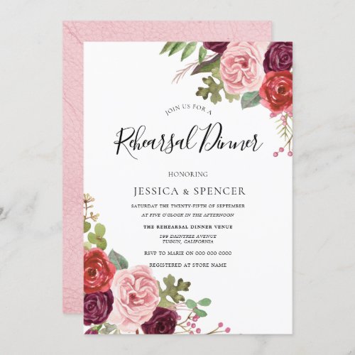 Blush Burgundy Flowers Rehearsal Dinner Invite