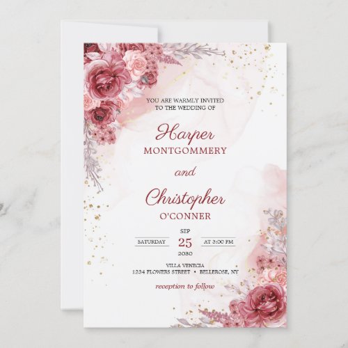 Blush Burgundy Flowers Roses Faux Gold Wedding  Invitation