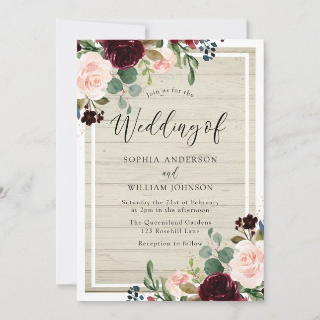 Blush & Burgundy Flowers Rustic White Wood Wedding Invitation (Front)