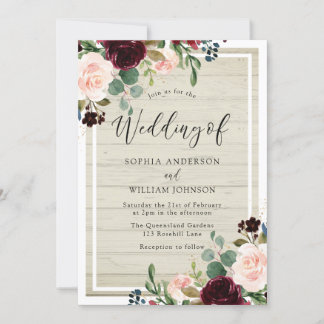 Blush & Burgundy Flowers Rustic White Wood Wedding Invitation
