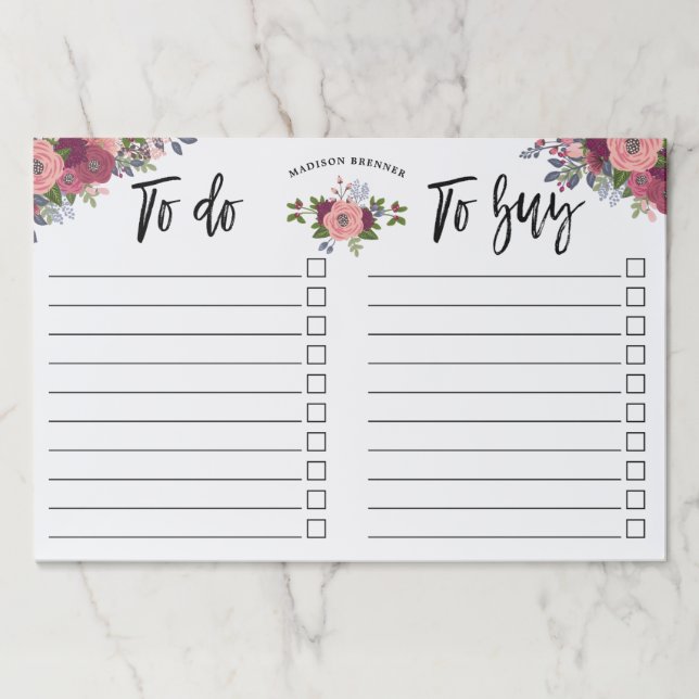 Blush & Burgundy Flowers - To Do & To Buy List Paper Pad (Front)