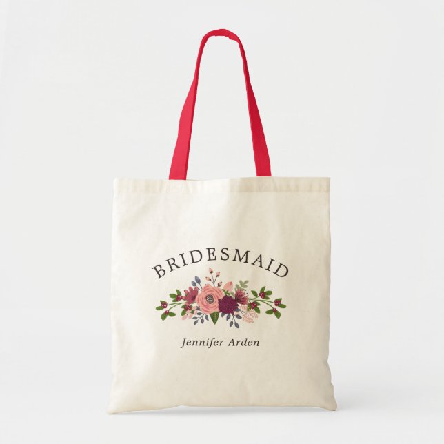 Blush & Burgundy Flowers Wedding Bridesmaid Tote Bag (Front)