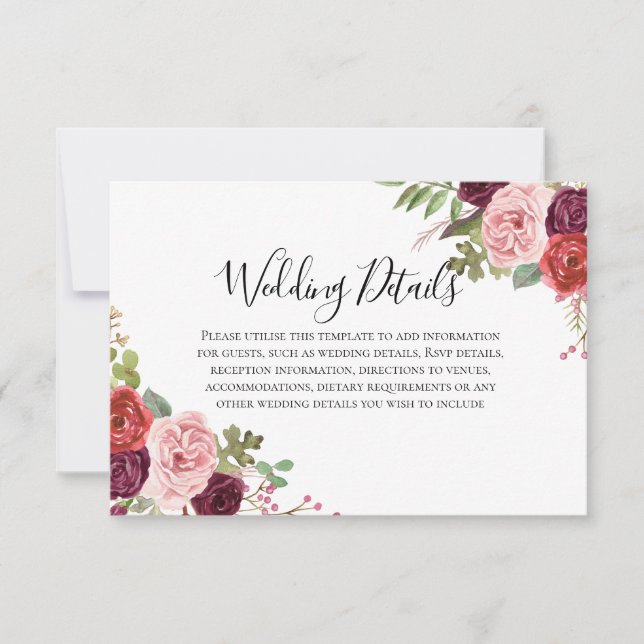Blush & Burgundy Flowers Wedding Reception Details Invitation (Front)