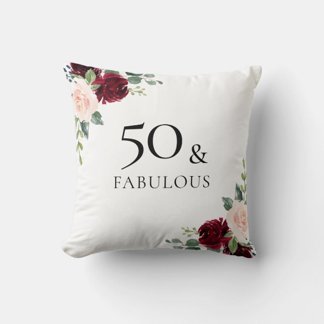 Blush Burgundy Flowers Womans 50th Birthday Gift Throw Pillow (Front)