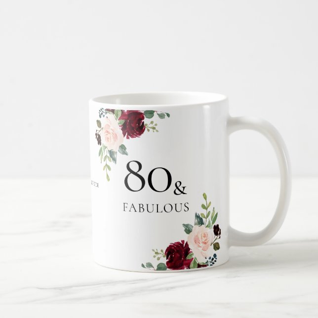 Blush Burgundy Flowers Womans 80th Birthday Gift Coffee Mug (Right)