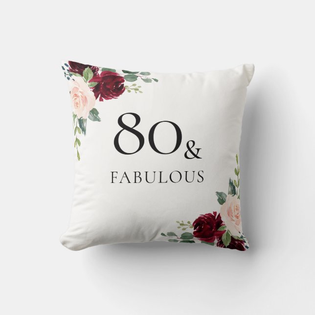 Blush Burgundy Flowers Womans 80th Birthday Gift Throw Pillow (Front)