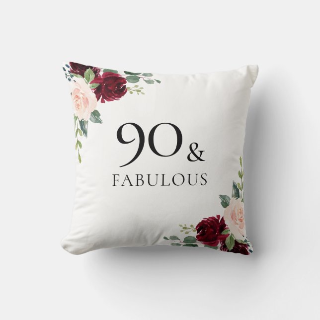 Blush Burgundy Flowers Womans 90th Birthday Gift Throw Pillow (Front)