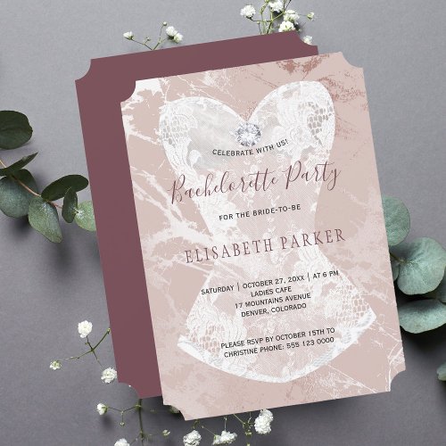 Blush burgundy glitter marble bachelorette party invitation