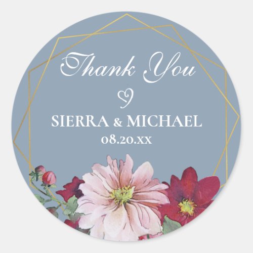 Blush Burgundy Gold Dusty Blue Wedding Thank You Classic Round Sticker