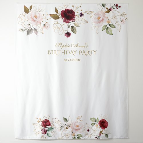 Blush Burgundy Gold Floral Birthday Photo Booth Tapestry