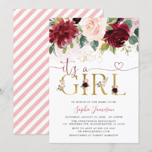 Blush Burgundy Gold Floral It's A Girl Baby Shower Invitation