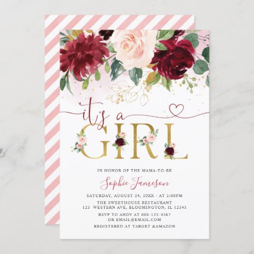 Blush Burgundy Gold Floral Its A Girl Baby Shower Invitation