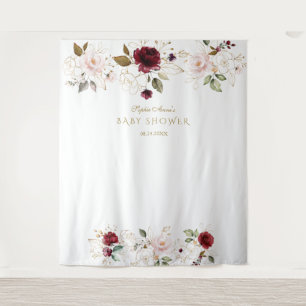 Blush Burgundy Gold Flowers Wedding Photo Booth Tapestry