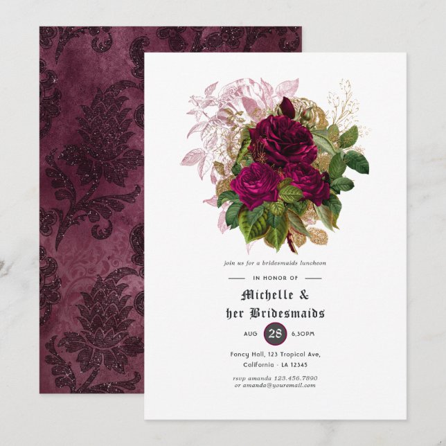 Blush Burgundy Gold Shabby Bridesmaids Luncheon Invitation (Front/Back)