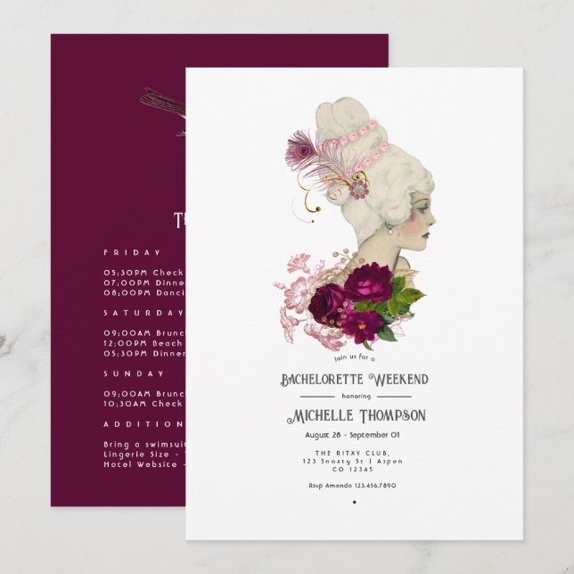 Blush Burgundy Gold Shabby Floral Bachelorette Inv Invitation (Front/Back)