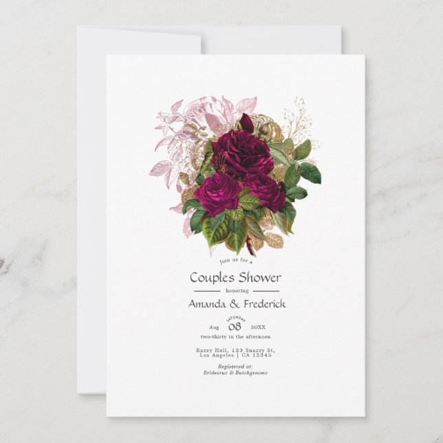 Blush Burgundy Gold Shabby Floral Couples Shower Invitation (Front)