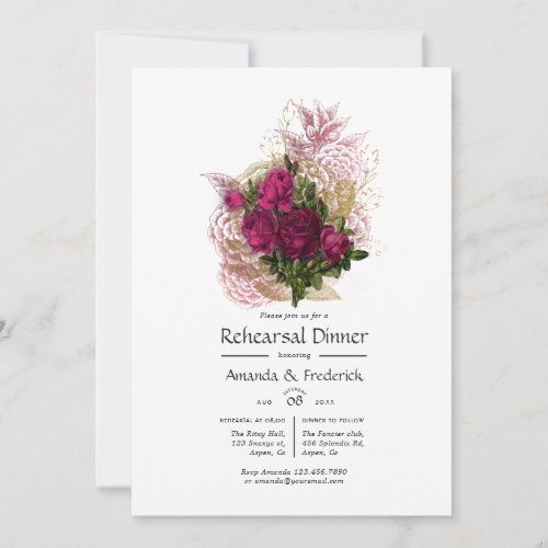 Blush Burgundy Gold Shabby Floral Rehearsal Dinner Invitation