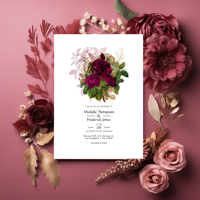 Blush Burgundy Gold Shabby Floral Wedding QR Code Invitation (Creator Uploaded)