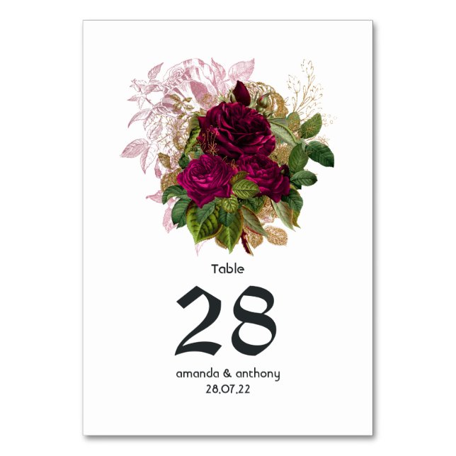 Blush Burgundy Gold Shabby Wedding Table Number (Front)