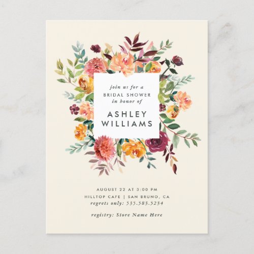 Blush  Burgundy Marsala Floral Bridal Shower Invitation Postcard