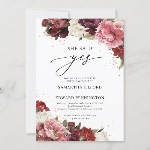 Blush burgundy mauve flowers peonies She said Yes Invitation