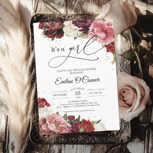 Blush burgundy mauve & maroon peonies its' a girl invitation