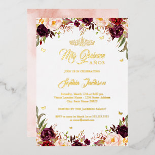 Blush Burgundy Mis Quince Floral Quinceanera Foil Invitation