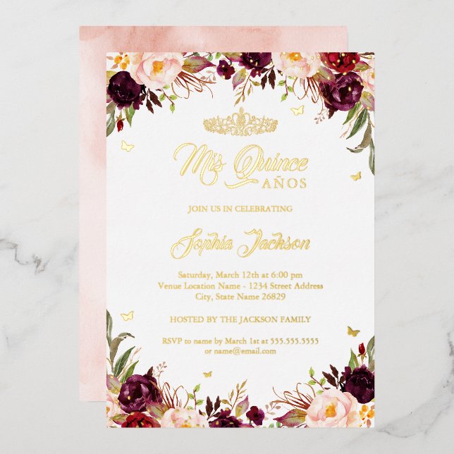 Blush Burgundy Mis Quince Floral Quinceanera Foil Invitation (Front/Back)