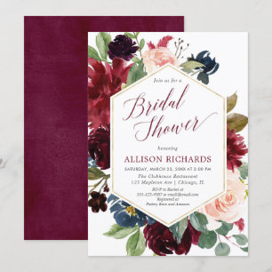 Blush burgundy navy blue floral bridal shower invitation