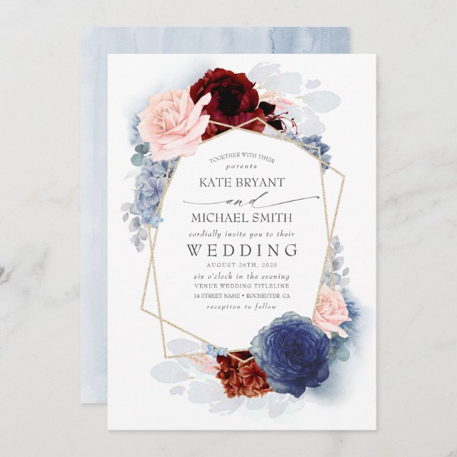 Blush Burgundy Navy Blue Floral Wedding Invitation (Front/Back)