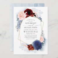 Blush Burgundy Navy Blue Floral Wedding Invitation