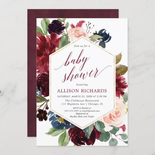 Blush burgundy navy blue girl baby shower floral invitation