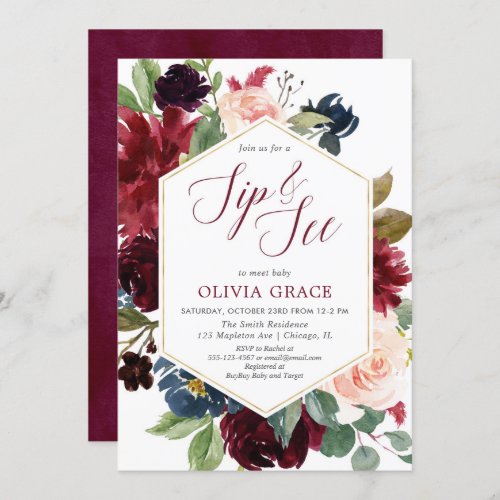 Blush burgundy navy blue girl sip and see floral invitation