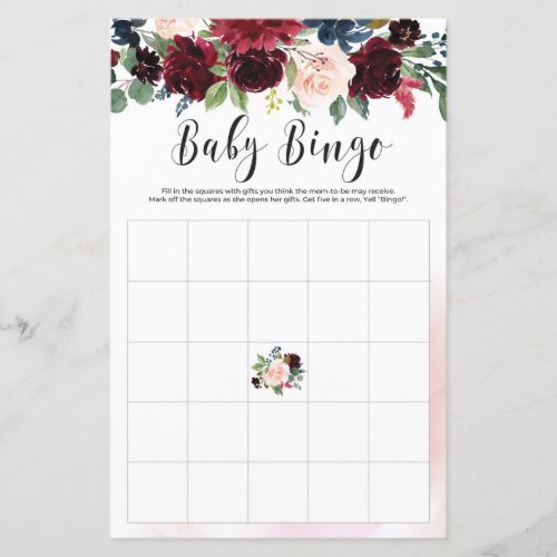 Blush Burgundy navy floral baby shower bingo game