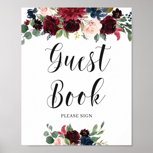 Blush Burgundy Navy Floral Guest Book Sign (Front)