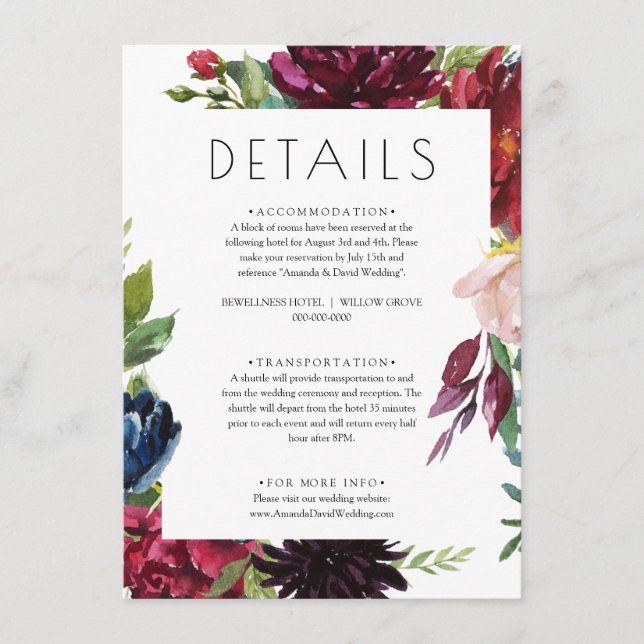Blush Burgundy Navy Floral Wedding Details Card (Front)