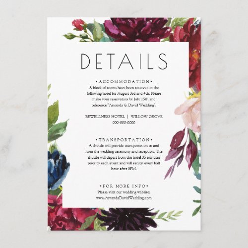 Blush Burgundy Navy Floral Wedding Details Card