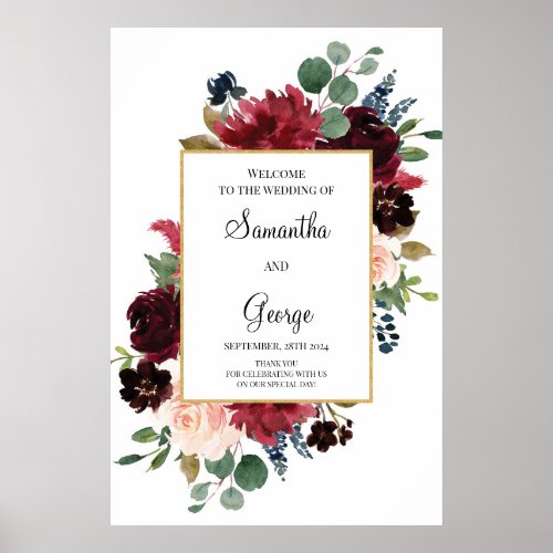 Blush burgundy navy floral wedding welcome sign