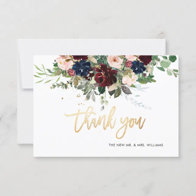 Blush Burgundy Navy Flowers Thank You Faux Gold Invitation | Zazzle