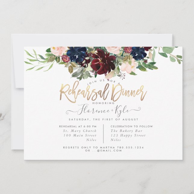 Blush Burgundy Navy Rehearsal Dinner Invitation (Front)