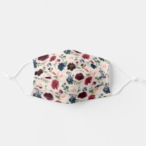 Blush  Burgundy  Navy Watercolor Floral Pattern Adult Cloth Face Mask